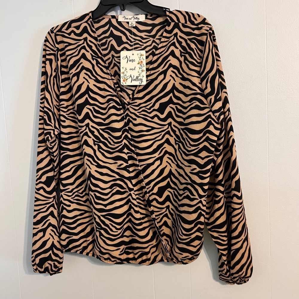 Vine and Valley Zebra Print Faux Wrap Blouse Tan Black XL NWT